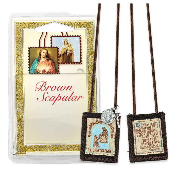 Our Lady of Mount Carmel Genuine Brown Wool Scapular with St. Benedict Medal and Crucifix in Deluxe Packaging (1 1/2" x 2")
