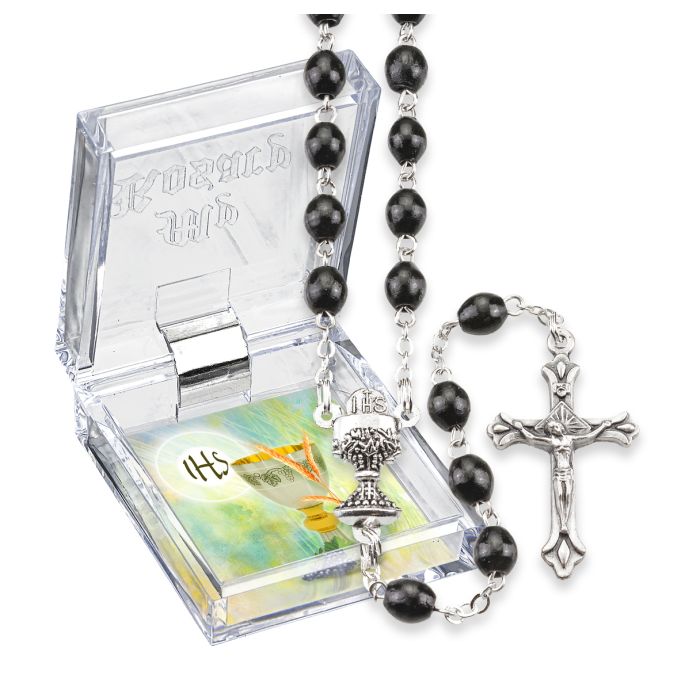 Oval Black Wood Bead Communion Rosary, Boxed