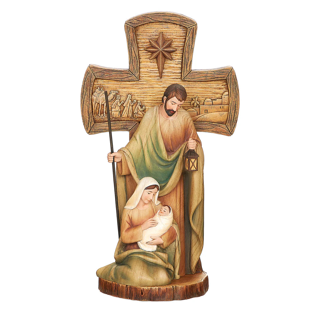 Joseph’s Studio Stained Wood Cross with Holy Family Figure (8.5")