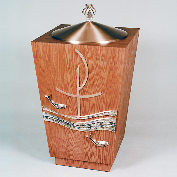 Oak Wood/Bronze Baptismal Font: 6422 Style - Top 23.5" Square
