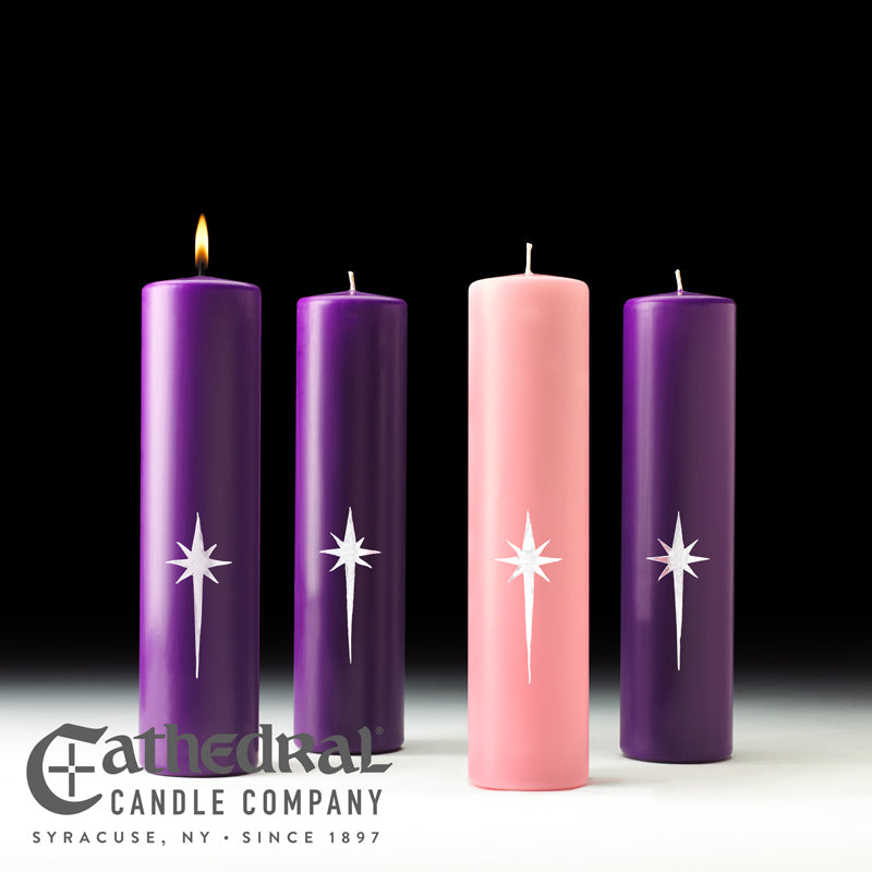 Star of the Magi Advent Candles Stearine Pillar (3" x 12") - 3 Purple, 1 Rose
