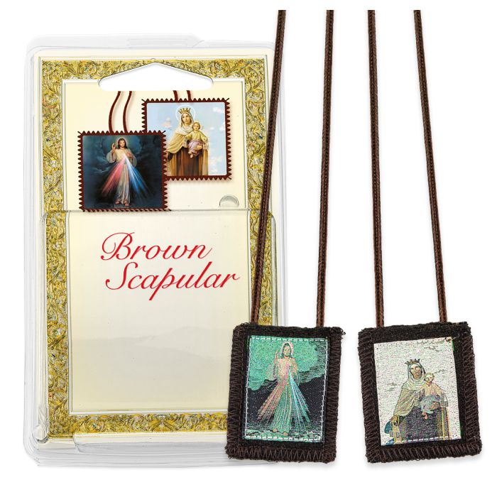 Divine Mercy and Our Lady of Mt. Carmel Wool Brown Scapular in Deluxe Packaging (1 3/4" x 2")