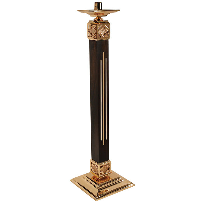 Fixed High Polish Bronze Floor Candlestick w/Wood Column: 9988 Style - 44" Ht