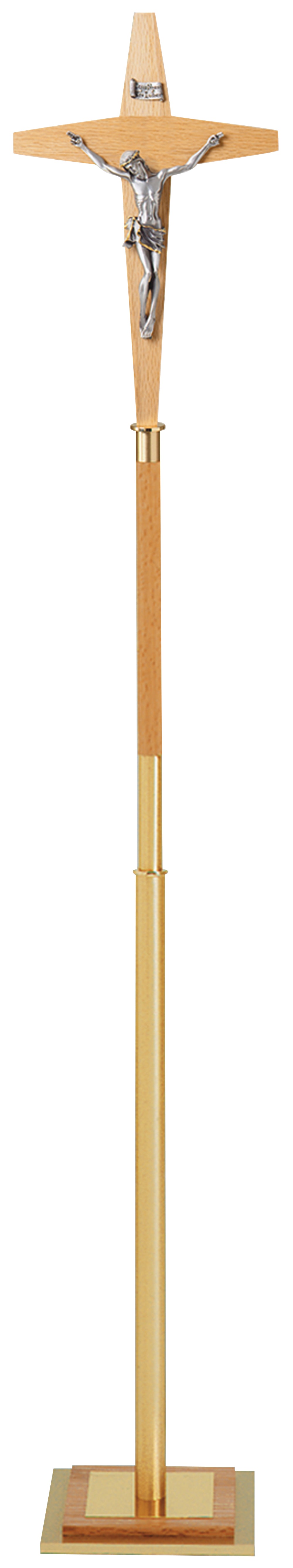 Standing Processional Crucifix - Satin Brass/Oak - Silver Corpus - 44" Ht