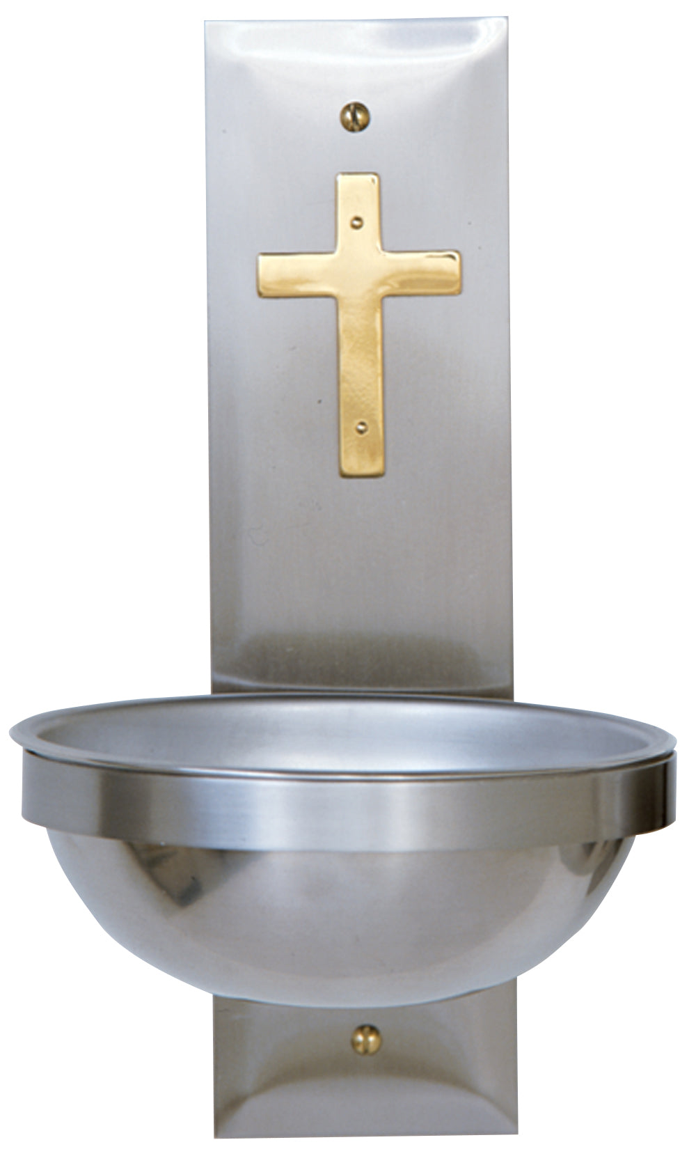 Holy Water Font - Stainless Steel - Brass Cross - 6" Dia