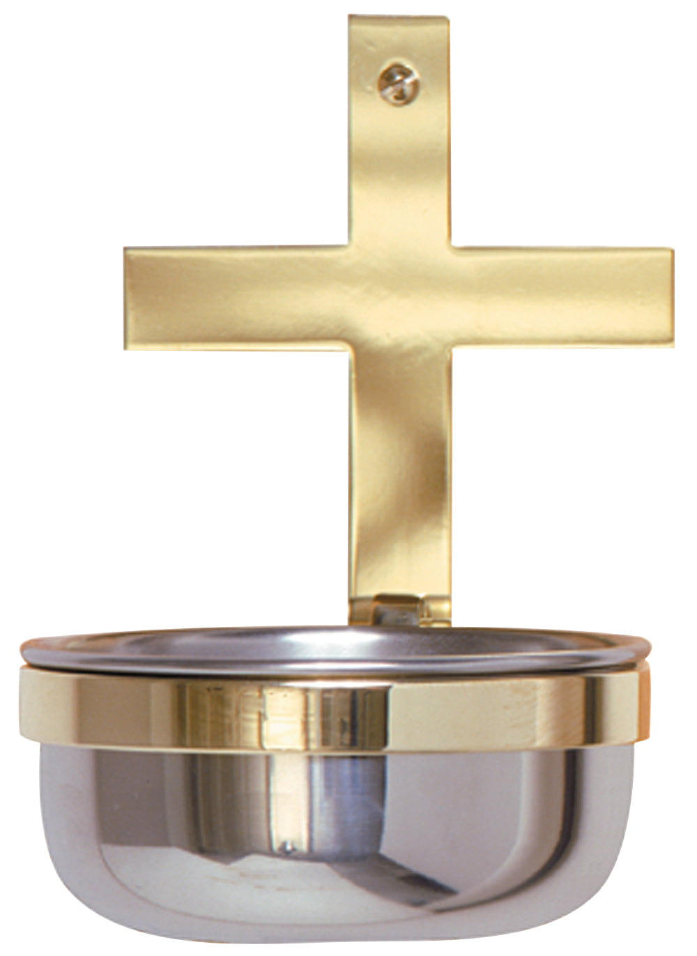Holy Water Font - Stainless Steel - Brass Cross - 4-1/4" Dia