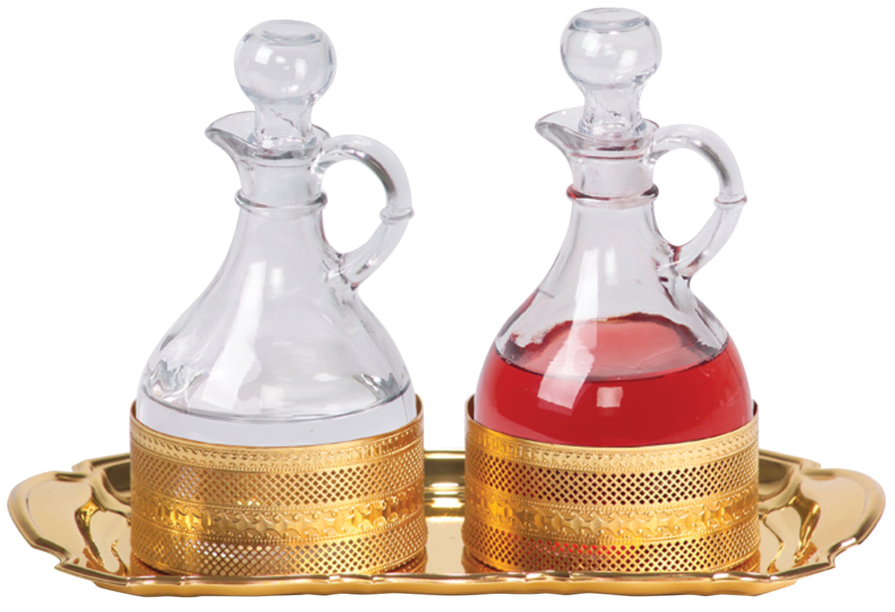 Processional Cruet Set - Bright Gold Plated Tray - 10 oz - 6" Ht