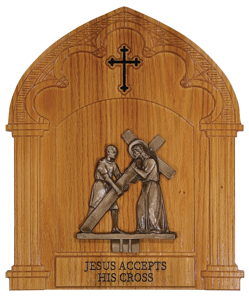 14 Stations/Way of the Cross - Bronze - Golden Oak Plaque - 15" x 12 1/2" W
