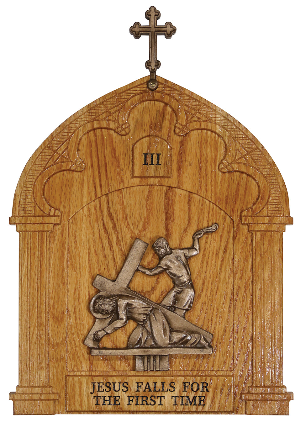 14 Stations/Way of the Cross - Antique Bronze - Oak Plaque - 18" Ht x 12 1/2" W