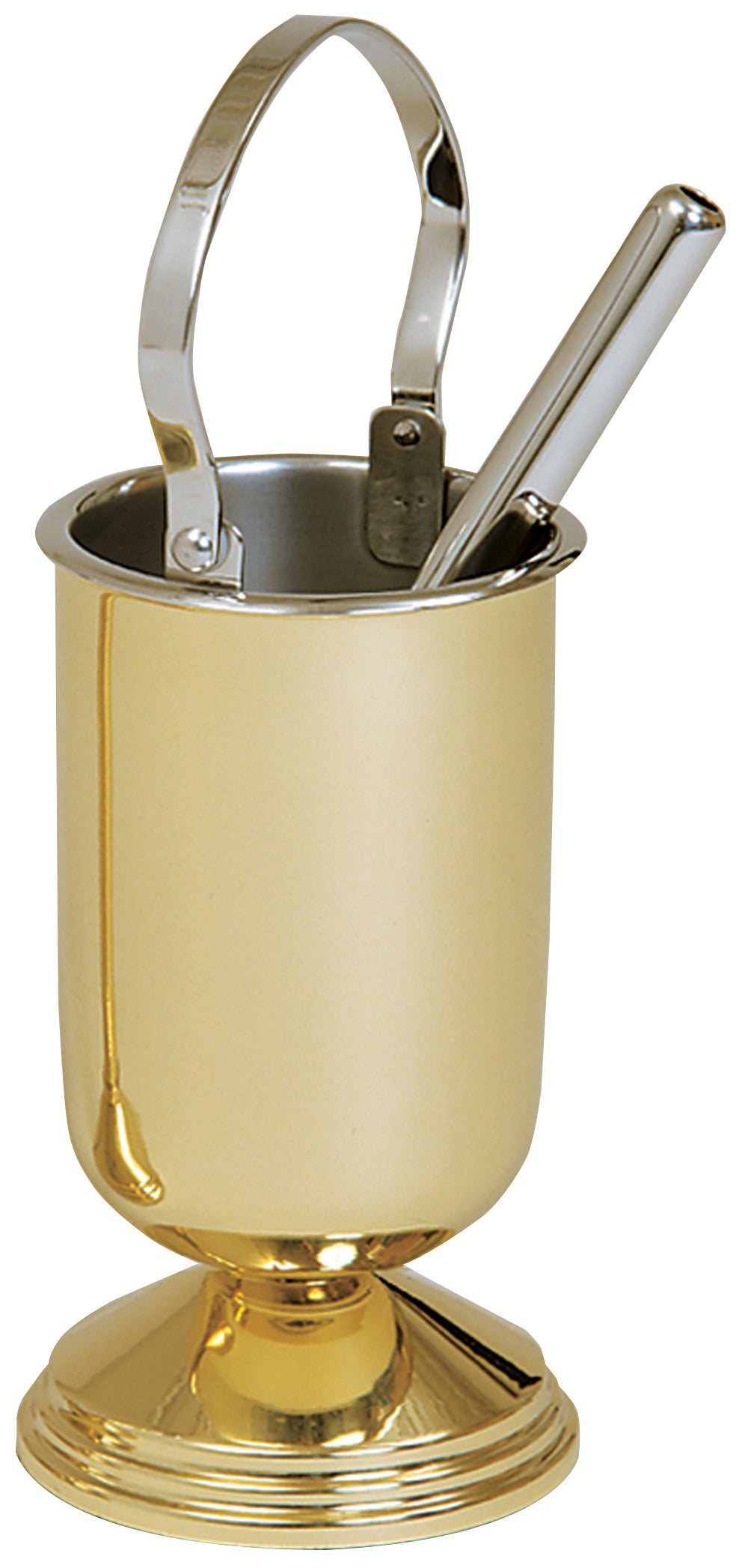 Holy Water Pot & Sprinkler - Polished Brass - 9" Ht