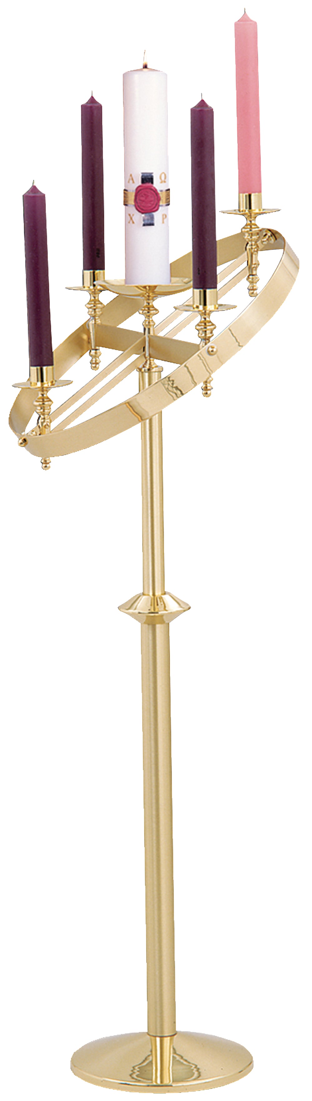 Church Standing Advent Wreath - Brass - 48" to 55" Tilted Ht - 21" Dia