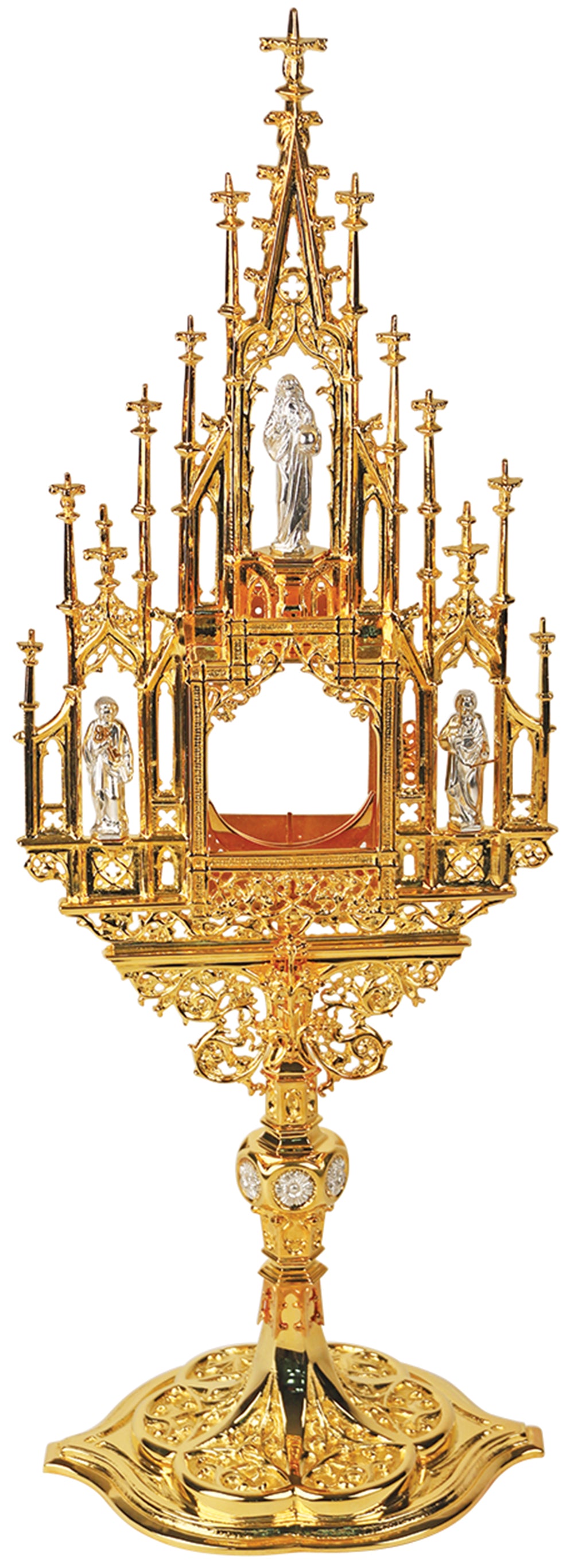 Monstrance - 24 Kt Gold Plated - Silver Statues - 23" Ht