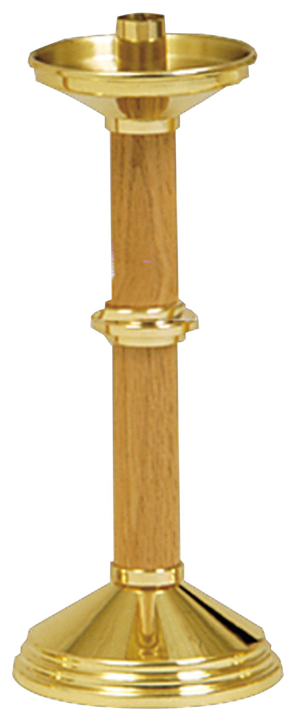 Altar Candlestick - Brass/Oak Wood - 12" Ht