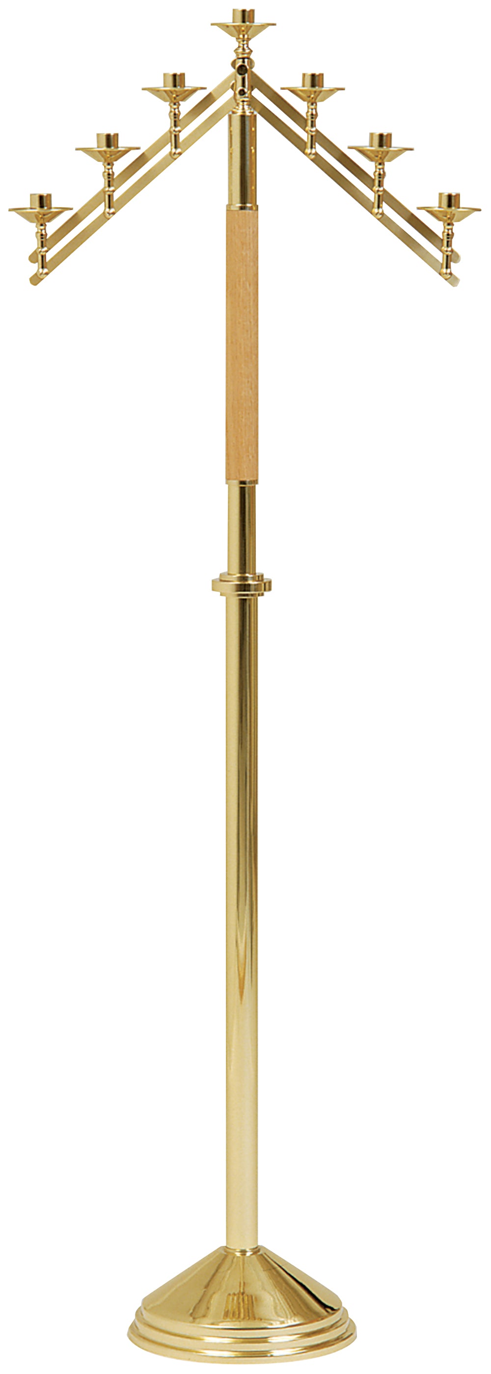 3, 5, 7 Lite - Adjustable Floor Candelabra - Brass/Oak Wood - 7/8" Sockets - 60" Ht