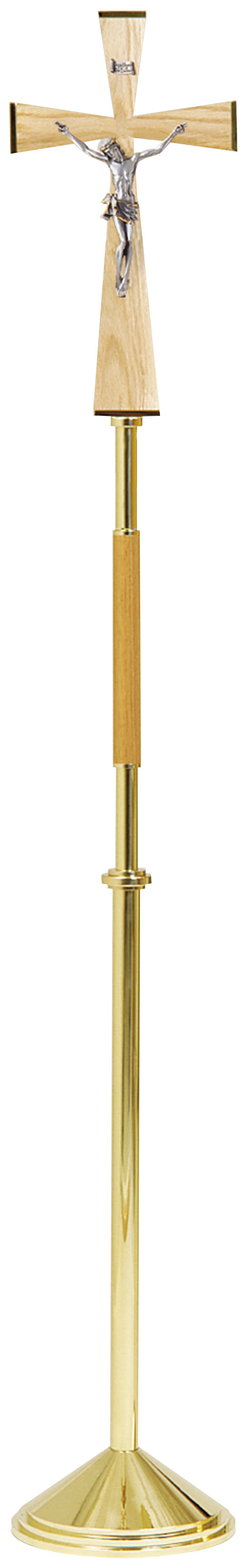 Standing Processional Crucifix - Brass/Oak Wood - Silver Corpus - 80" Ht