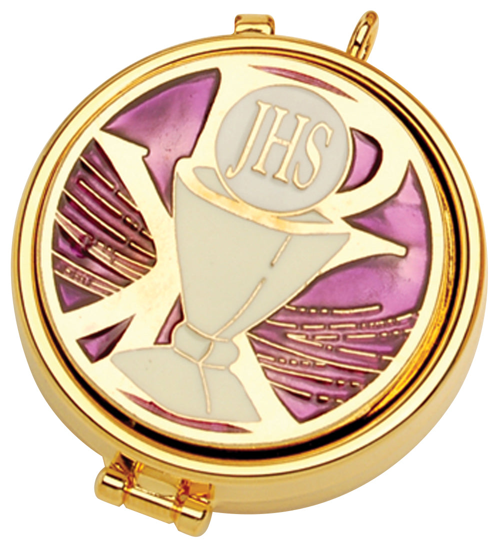Pyx - Gold Plated - Enameled Chi Rho/Chalice - 7 Host