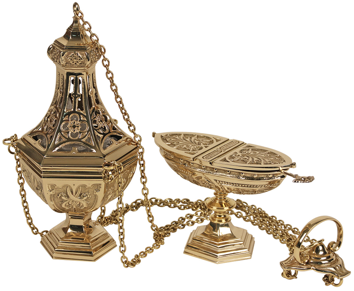 Censer & Boat - Polished Brass - 4 Chain - 4 1/2" Ht