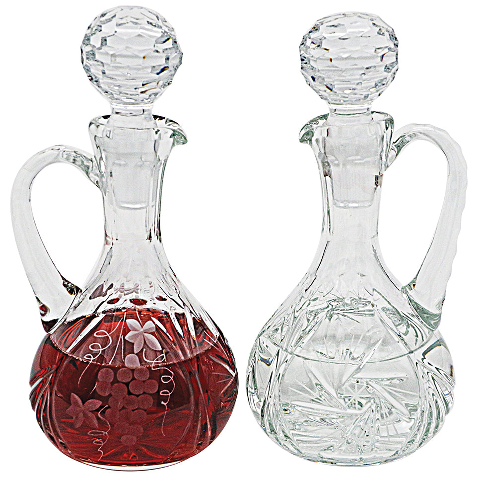 Crystal Cruets - Pair - Grape/Leaf Design - 11 oz - 8" Ht
