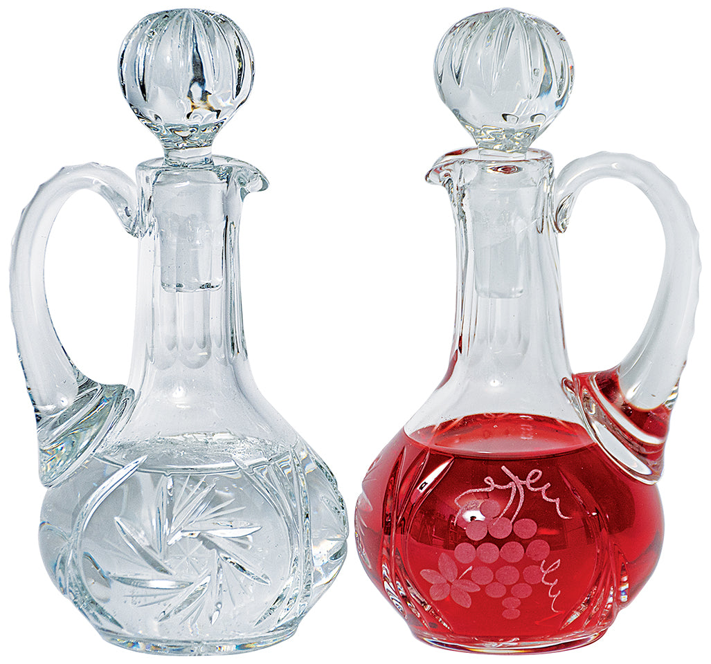 Crystal Cruets - Pair - Grape/Leaf Design - 6 oz - 6 3/8" Ht