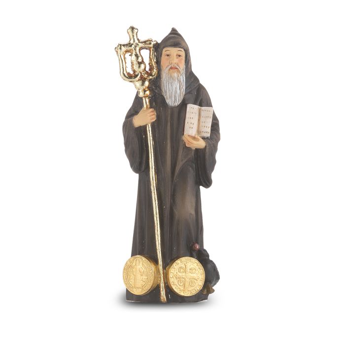 4" Cold Cast Resin Hand Painted Statue of Saint Benedict in a Deluxe Window Box