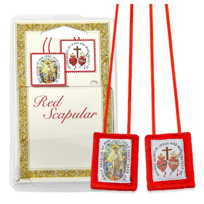 Crucifixion and Sacred Hearts Genuine Red Wool Scapular (1 3/4" x 2")