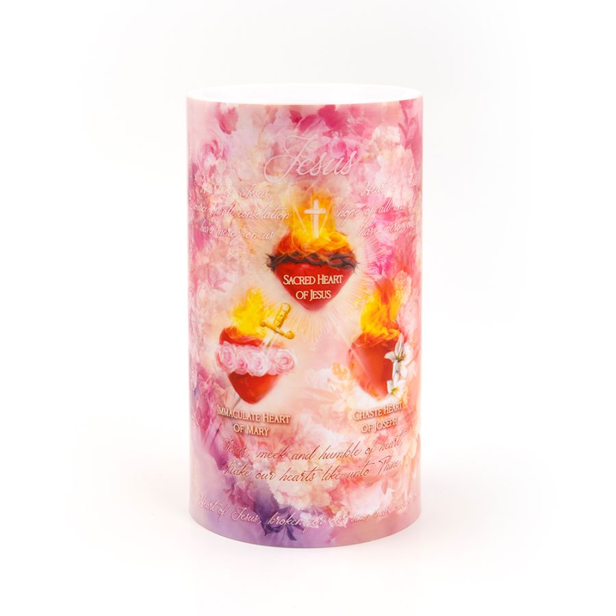 LED Candle (4" x 7") - Three Hearts & Holy Family