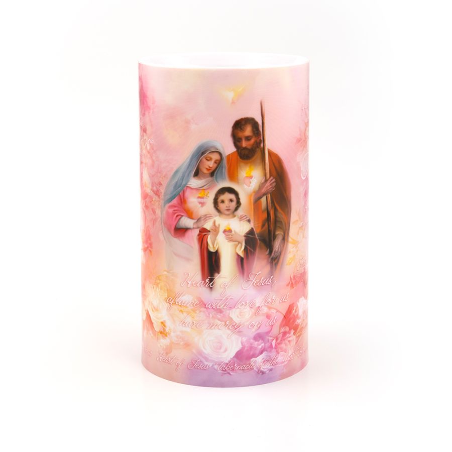 LED Candle (4" x 7") - Three Hearts & Holy Family