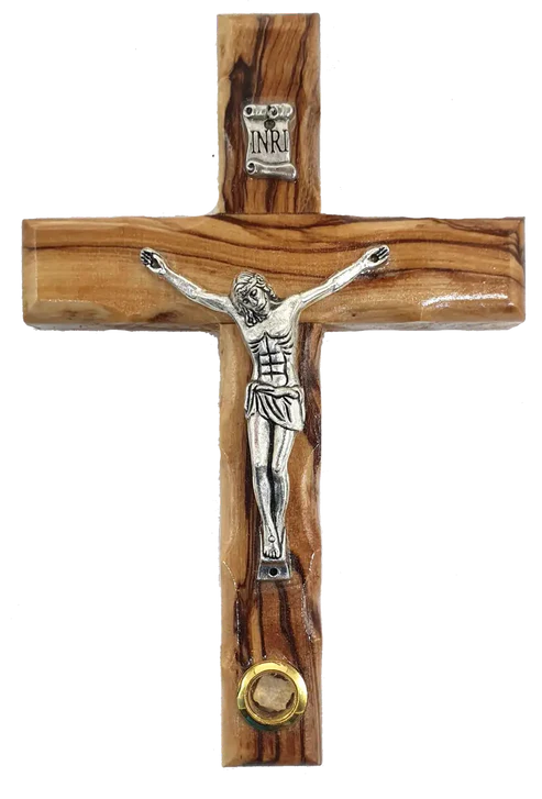 Catholic Crucifix Olive Wood with Holy Land Stone from Bethlehem 12cm