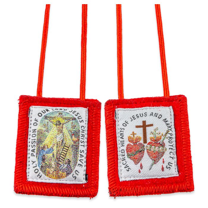 Crucifixion and Sacred Hearts Genuine Red Wool Scapular (1 3/4" x 2")