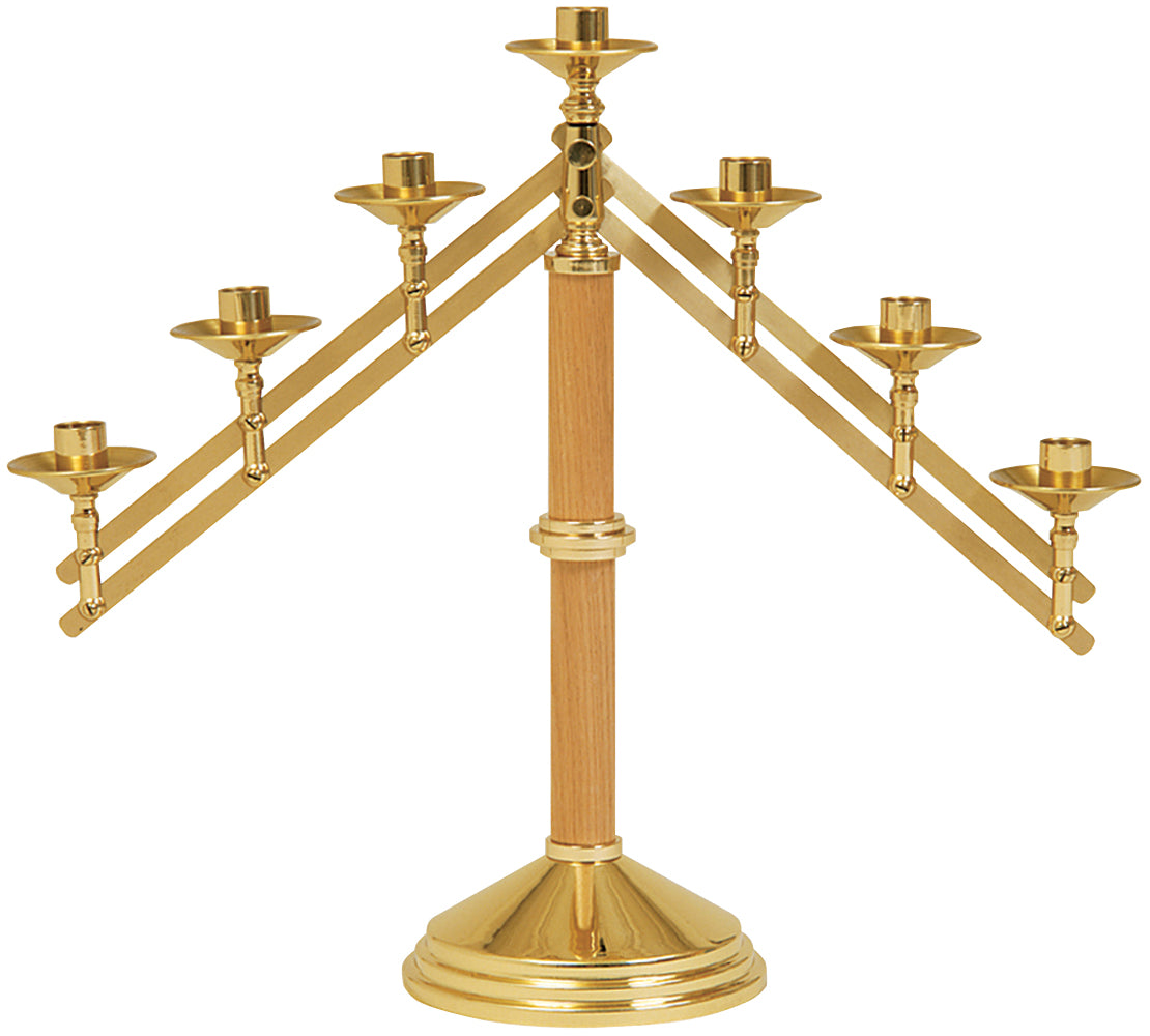 Brass Altar Candelabra - Adjustable - Oak Wood Shaft - 7 lite - 18" Ht