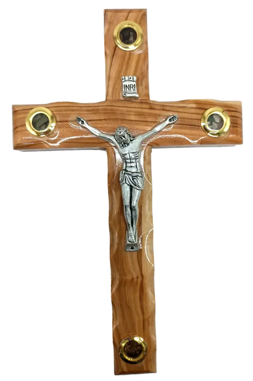 Olive Wood Crucifix with Authentic Holy Land Elements