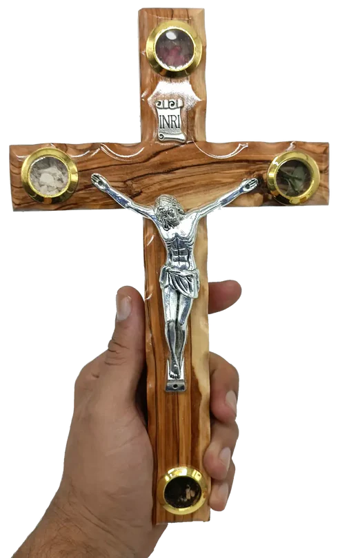 Olive Wood Crucifix with Authentic Holy Land Elements