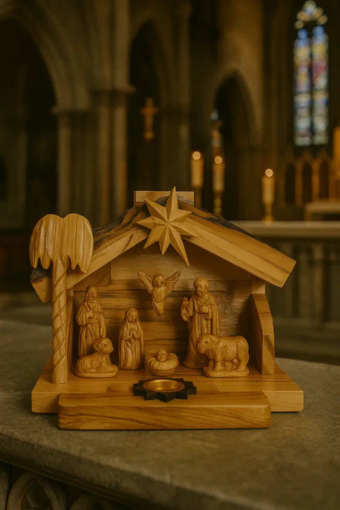 Olive Wood Nativity Scene – Gypsum Holy Family Figures in Handcrafted Manger with Bark Roof & Candle Holder