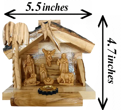 Olive Wood Nativity Scene – Gypsum Holy Family Figures in Handcrafted Manger with Bark Roof & Candle Holder