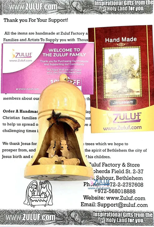 Olive Wood Unique Nativity Bell Ornament